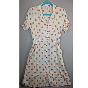 Monteau Los Angeles Polka Dot Linen Blend Button Front Dress Mustard White L